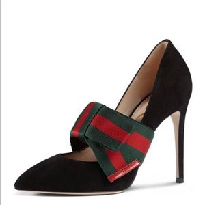 Gucci Sylvie Suede Web Mary Jane Pumps, Black